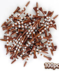 Pile of 100 brown wooden golf tees, 3 1 quarter inches, natural hardwood with white markings for consistent tee shots on the green.