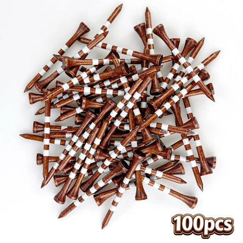 Pile of 100 brown wooden golf tees, 3 1 quarter inches, natural hardwood with white markings for consistent tee shots on the green.