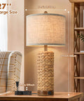 Set Of 2 Rattan Table Lamps For Living Room With USB Ports, 27 Inch Tall Rustic Seagrass Bedside Lamps For End Tables, cream shade