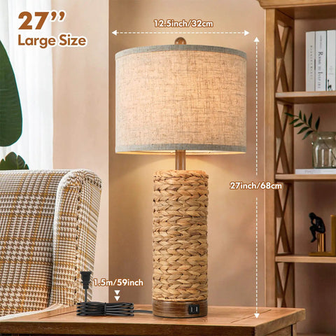 Set Of 2 Rattan Table Lamps For Living Room With USB Ports, 27 Inch Tall Rustic Seagrass Bedside Lamps For End Tables, cream shade