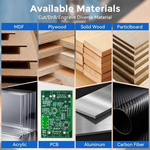 Materials compatible with Eight Piece CNC Router Bit Set With One Quarter Inch Shank Carbide End Mills including wood and aluminum.