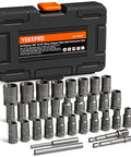 Slim Profile 33-Piece Deep Well Bolt Extractor Kit With Three Eighths And One Quarter Inch Drive, Cr-Mo steel, organized in case