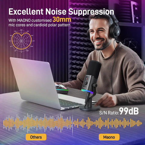 USB XLR Podcasting Microphone For PC And Streaming Dope Dynamic Desktop Studio Mic With Mute Button RGB Lighting Sturdy Stand Ideal For Gaming And Video Production PD100X on a desk with a laptop and smiling man.