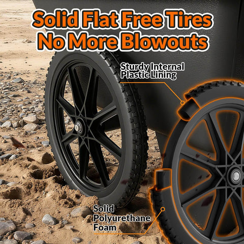 20 Inch Flat Free Wheelbarrow Wheels 2 Pack With Preinstalled Five Eighth Inch Bearings And Three Quarter Inch Adapters Replacement Cart Tires For Rubbermaid And Garden Carts Built Tough Easy Install And Durable Performance shown on sandy terrain.