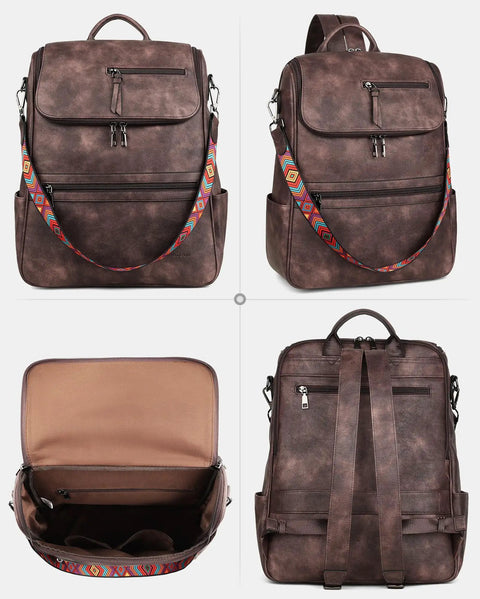 Leather Laptop Backpack For Women With Independent Laptop Compartment Fits Up To 15.6 Inches, front, back, and open views.