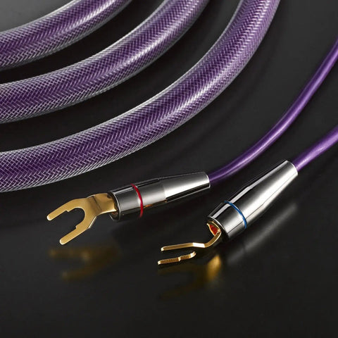 Premium Gold Plated Banana Plug And Screw Spade Fork Terminal Set For Speaker Wire Hookup Bullet Style Audio Cable Connectors with purple cable.