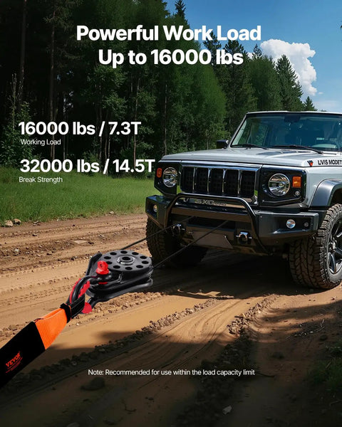Heavy Duty 14.5 Ton Snatch Block For Winch Recovery With 32,000 Lbs Break Strength used with SUV on a muddy trail.