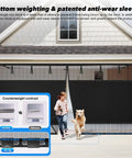 Magnetic Privacy Garage Door Screen For Two Car Garage 16 By 7 Feet No Fuss Hands Free Access Heavy Duty 265g Mesh in use with dog passing through.