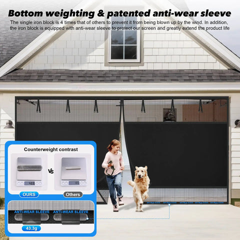 Magnetic Privacy Garage Door Screen For Two Car Garage 16 By 7 Feet No Fuss Hands Free Access Heavy Duty 265g Mesh in use with dog passing through.