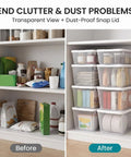 10 Pack Heavy Duty Six Quart Clear Plastic Stackable Storage Bins Featuring Slick Snap On Lids organized on a shelf, before and after clutter.