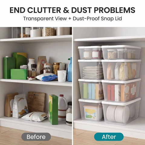 10 Pack Heavy Duty Six Quart Clear Plastic Stackable Storage Bins Featuring Slick Snap On Lids organized on a shelf, before and after clutter.