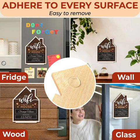 Guest WiFi Sign For Home And Small Business, erasable wooden WiFi sign displayed on various surfaces like glass and wood.