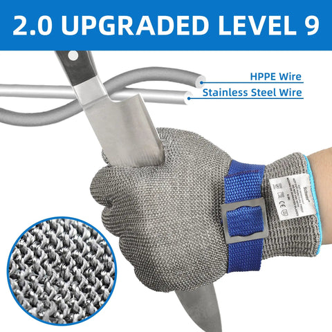 Close-up of A9 Cut Resistant Kitchen Glove With Food Grade Stainless Steel Wire Mesh for knife safety, holding a blade.