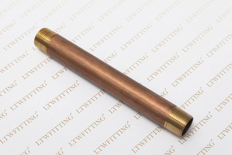 Red brass pipe nipple with 3/4 in NPT male threads, 8 in long.