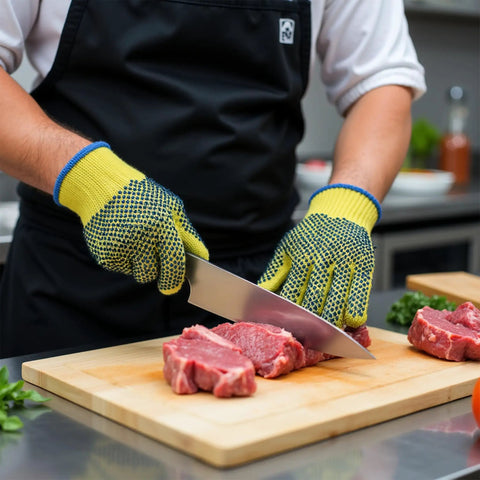 Yellow Medium Kevlar Knit Cut Resistant Work Gloves For Tough Jobs ANSI Rated Hand Protection From Glass Sheet Metal And Sharp Objects Heavy Duty Safety Gear You Can Trust being used by a person cutting meat in a kitchen.