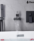 Wall Mounted Matte Black Waterfall Tub Filler Faucet With Hand Shower and High Flow Rough In Valve, Sleek Modern Bathroom Design