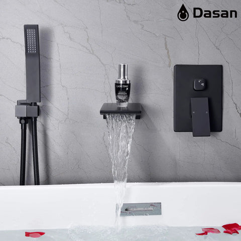 Wall Mounted Matte Black Waterfall Tub Filler Faucet With Hand Shower and High Flow Rough In Valve, Sleek Modern Bathroom Design