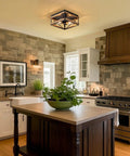 Two Light Black Rustic Wood Farmhouse Flush Mount Ceiling Light Fixture With Totally Vintage Charm Super Durable Finish And No Sweat Install For Awesome Room Style in modern kitchen.