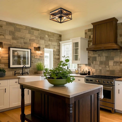 Two Light Black Rustic Wood Farmhouse Flush Mount Ceiling Light Fixture With Totally Vintage Charm Super Durable Finish And No Sweat Install For Awesome Room Style in modern kitchen.