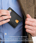Man placing Slim RFID Leather Bifold Wallet For Men With 2 ID Windows And Quick Access Slots Holds Up To 15 Cards into jacket