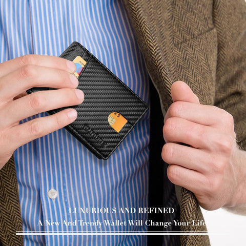Man placing Slim RFID Leather Bifold Wallet For Men With 2 ID Windows And Quick Access Slots Holds Up To 15 Cards into jacket