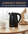 1.7L Electric Kettle With No Fuss Fast Boil BPA Free Auto Shutoff Boil Dry Protection 360 Degree Swivel Cordless Base Clear View Window With Water Level Markings Black Finish on table