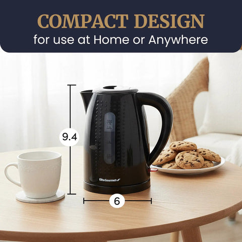 1.7L Electric Kettle With No Fuss Fast Boil BPA Free Auto Shutoff Boil Dry Protection 360 Degree Swivel Cordless Base Clear View Window With Water Level Markings Black Finish on table