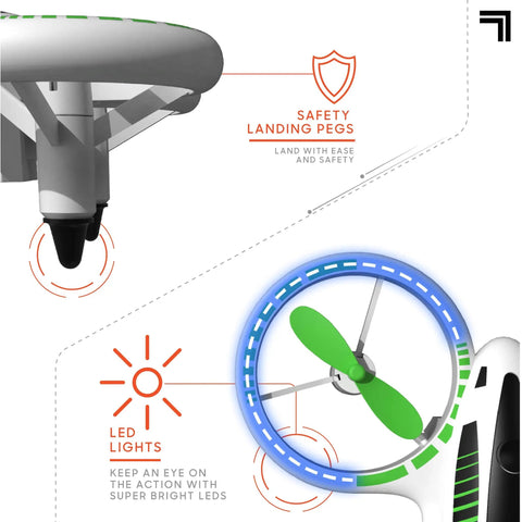 Glow Up Mini RC Drone With LED Lights For Kids And Beginners, 2.4 GHz Quadcopter showing safety landing pegs and LED lights