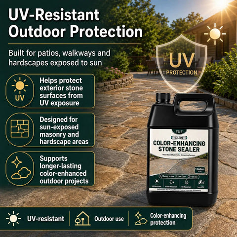 Top-Shelf Satin Stone Sealer and Color Enhancer Amps Up Tones on Porous Pavers and Rock with a Natural Low-Gloss Sheen for a Rich Glow Up while Shielding Surfaces from Weather Damage in One Gallon Bulk displayed next to stone walkway.