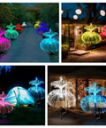 Lit Jellyfish Solar Lights Outdoor Garden 3 Pack Waterproof Color Changing Yard Decor With Star And Moon Accents along a path.