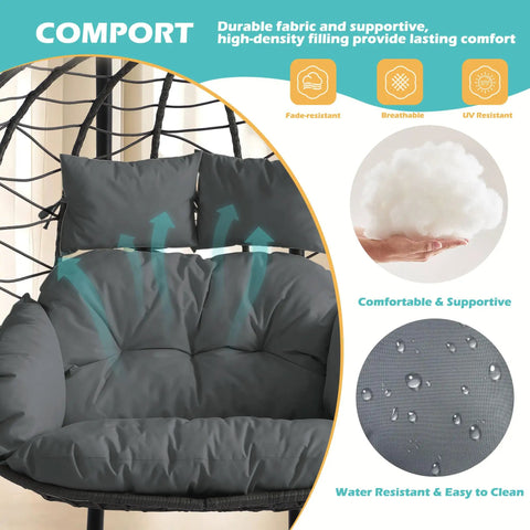 Gray cushions on Double Outdoor Hanging Egg Chair With Stand And Oversized Cushion, Easy Setup Heavy Duty Patio Swing Hammock Chair.