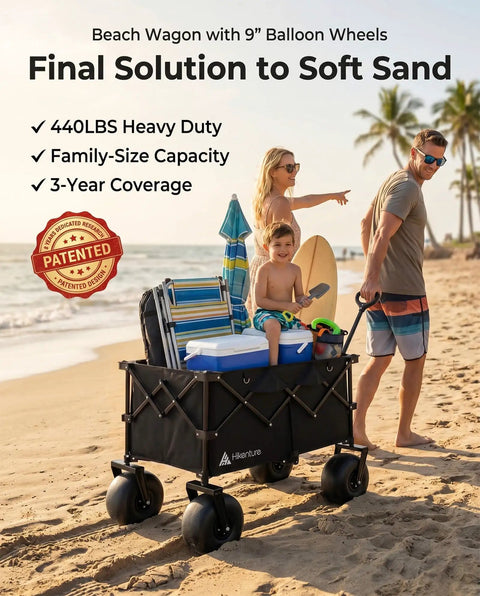 Beach Wagon With 9 Inch PU Balloon Wheels For Sand, Collapsible Heavy Duty Cart Holds Up To 440 Lbs on a beach