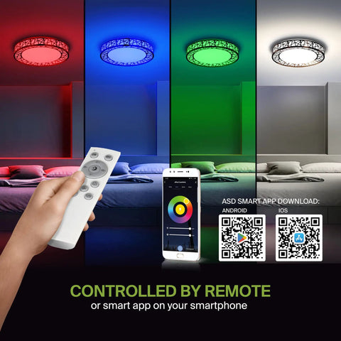 LED Flush Mount Ceiling Light Fixture 16 Inch Black With 28W 1576LM 5 CCT 2700K To 5000K Triac Dimmable depicted with remote control and smartphone app interface, showing red, blue, and green lighting options in a modern room.