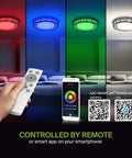 Remote-controlled LED lights with a smartphone app, showing red, green, and blue modes. QR codes for app download visible.