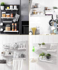 Pegboard Wall Organizer Kit With Shelf And Hooks No Drill No Mess Easy Install For Garage Kitchen Living Room Bathroom Office White 33x22 Inches Featuring 11x11 Inch Panels Durable Construction For Heavy Use And Easy Mounting To Any Wall showing various household items organized on shelves.
