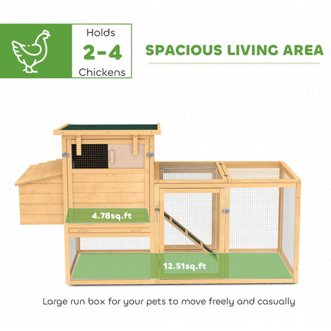 75 Inch Wooden Chicken Coop With Nesting Box And Removable Tray, outdoor hen house showing spacious living area and ramp.