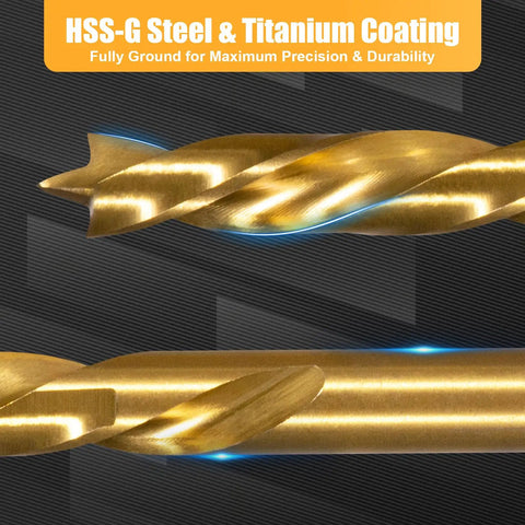 Close-up of HSS-G brad point drill bit with titanium coating, part of 14 Piece Hex Shank HSS-G Brad Point Drill Bit Set For Woodworking Pros