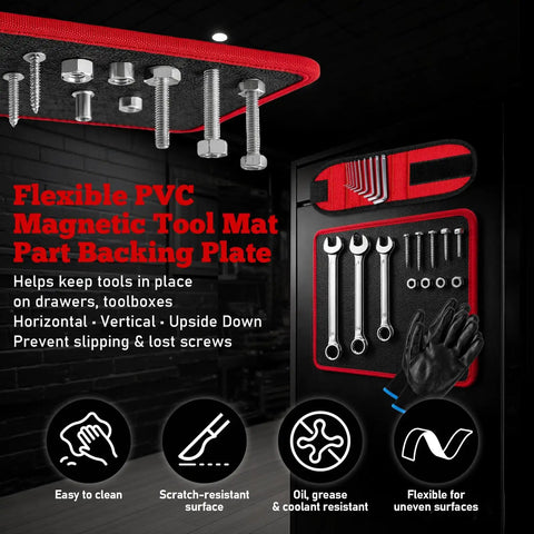 Heavy Duty Magnetic Tool Mat With Wristband And Flexible PVC Pad Non Slip Tool Holder Tray 40Lb Magnetic Parts Pads shown with wrenches and bolts