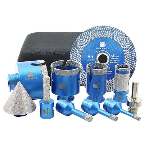 Front view of tile hole saw kit with blue diamond-coated bits in assorted diameters for porcelain and ceramic tile.