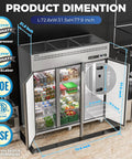 No Fuss Heavy Duty Cold Locker 72 Inch Commercial Freezer Three Door Solid Build with dimensions on display in a kitchen.