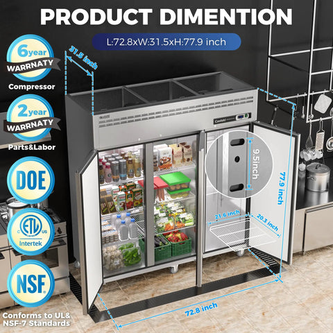 No Fuss Heavy Duty Cold Locker 72 Inch Commercial Freezer Three Door Solid Build with dimensions on display in a kitchen.