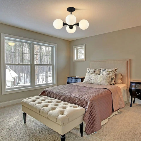 Bedroom view with Mid Century Modern Semi Flush Mount Ceiling Light Fixture Farmhouse Black Globe Sputnik Chandelier With Four Milk Glass Globes For Hallway And Living Areas Dope Glow