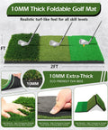 Home Golf Net 10x7ft Set with Foldable Tri Turf Mat showing thick eco-friendly base and turf variations for swing practice.