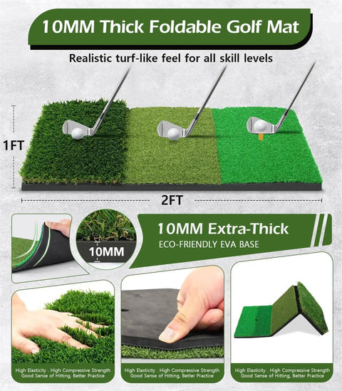 Home Golf Net 10x7ft Set with Foldable Tri Turf Mat showing thick eco-friendly base and turf variations for swing practice.