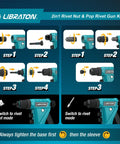 Instruction steps for Two In One Rivet Nut And Pop Rivet Gun Kit With Eight Mandrels For Metric And SAE And Four Nose Pieces 2.4 To 4.8mm