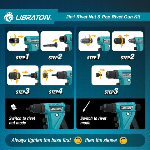 Instruction steps for Two In One Rivet Nut And Pop Rivet Gun Kit With Eight Mandrels For Metric And SAE And Four Nose Pieces 2.4 To 4.8mm
