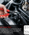 Five Piece Auto Wiring Harness And Fuel Line Repair Tool Kit with hose clamp pliers in use on car engine