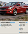 Red Hyundai Elantra on road with product details for Front Wheel Hub Bearing Kit Set Of 2 Direct Fit For 2011 2015 Hyundai Elantra 2013 2017 Hyundai Elantra GT And 2012 2017 Hyundai Veloster Replacement Hubs 51720 0Q000 51750 1P000