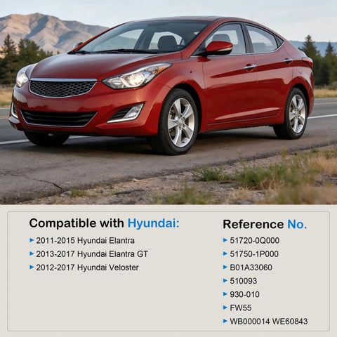 Red Hyundai Elantra on road with product details for Front Wheel Hub Bearing Kit Set Of 2 Direct Fit For 2011 2015 Hyundai Elantra 2013 2017 Hyundai Elantra GT And 2012 2017 Hyundai Veloster Replacement Hubs 51720 0Q000 51750 1P000