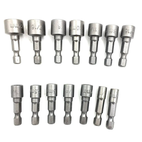 14-Piece Quick Change Nut Driver Bit Set With Steel Metric Socket Wrench, Quarter Inch Hex Shank displayed in rows.